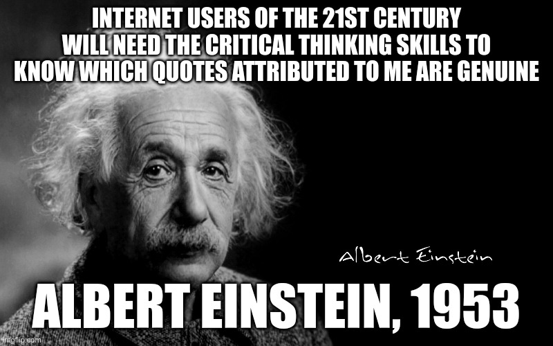 This image is a humorous meme featuring a black-and-white photograph of Albert Einstein, the renowned physicist. Einstein is shown with his iconic wild hair and thoughtful expression, set against a dark background. Overlaying the photo is white text that reads: 'INTERNET USERS OF THE 21ST CENTURY WILL NEED THE CRITICAL THINKING SKILLS TO KNOW WHICH QUOTES ATTRIBUTED TO ME ARE GENUINE'. At the bottom, it says 'ALBERT EINSTEIN, 1953' in bold letters.
