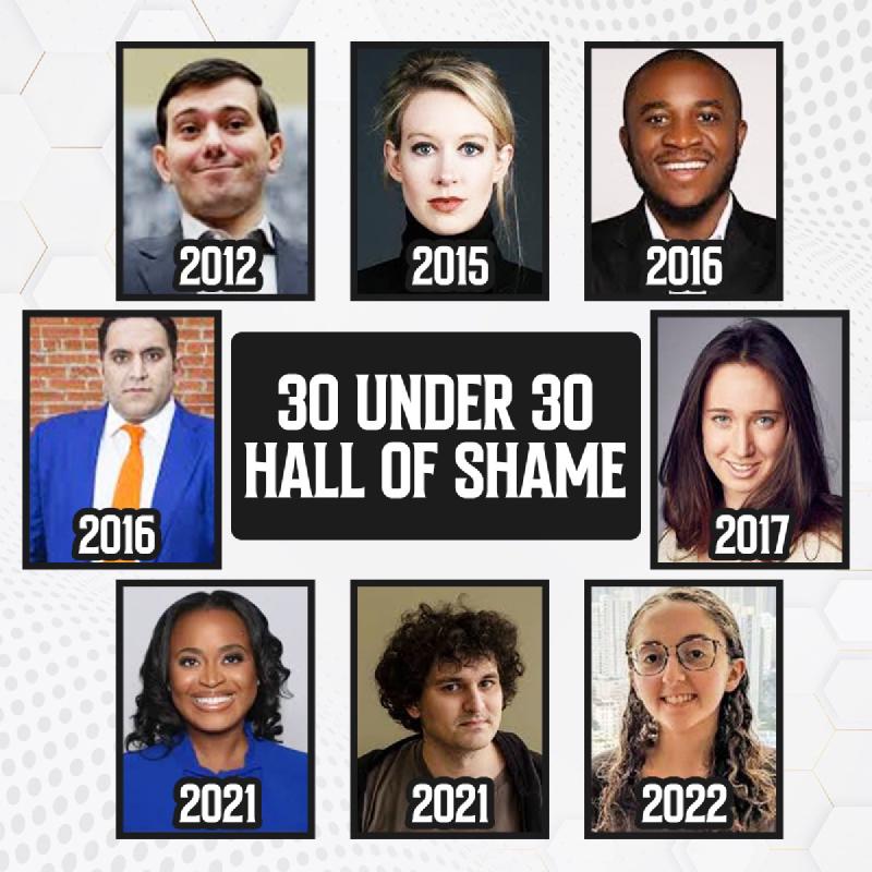 The picture is a gallery of portraits surrounding the white-on-black text '30 under 30 hall of shame'.