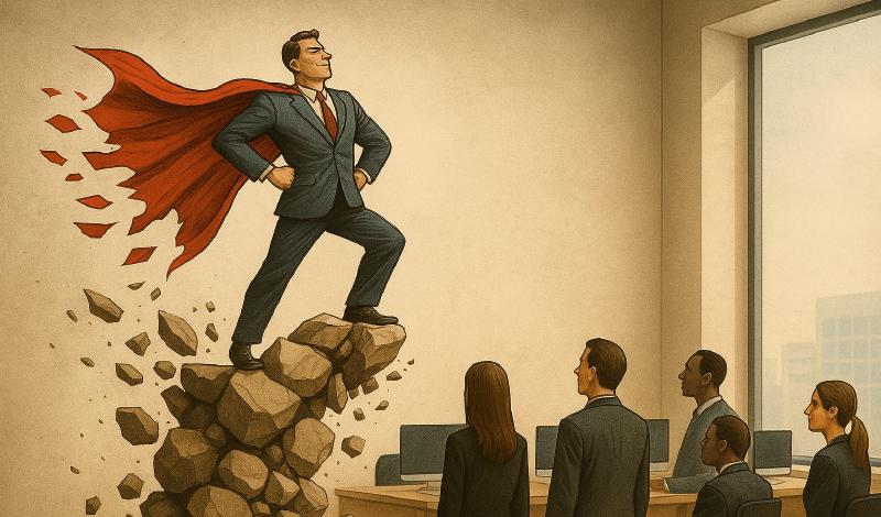 This image is an illustrated scene set in an office environment. At the center, a man in a business suit and red tie stands heroically on a pile of rubble, with a frayed red cape billowing behind him like a superhero.